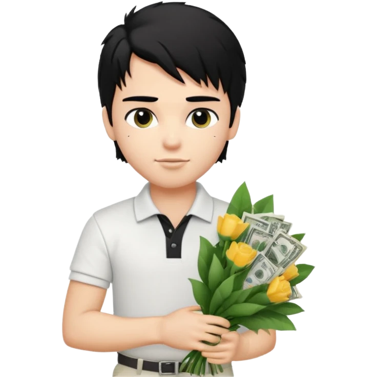 generate a pretty fair bratz boy with a messy mullet (black hair), wearing a white polo.  carrying a bouquet made of CASH. expensive car behind him emoji