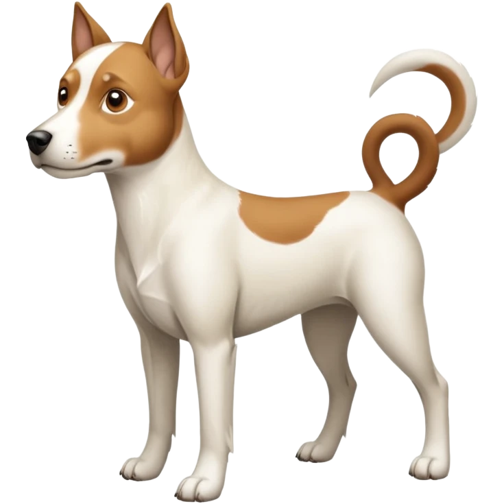 a full body large white parson russell looking dog the size of a kelpie with light brown flapped down ears and a light brown patch on one eye and a large snout emoji