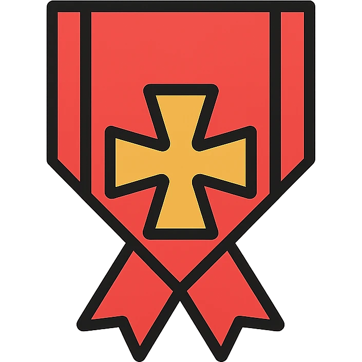 icon of an order ribbon with red band and golden Balkenkreuz, 64x64 pixels, clear and recognizable, icon style emoji