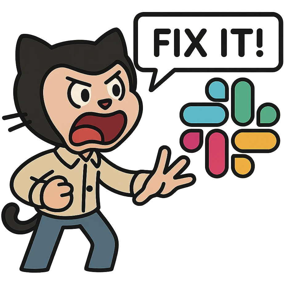 Add a speech bubble with the text 'Fix it!' to the Octocat shouting at the Slack logo, keep the style consistent with lineal color icon with black outlines. emoji