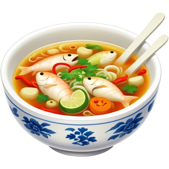 Guizhou sour fish soup with pickled vegetables, simplified emoji style with bold outlines and bright colors, cartoon style spicy sour fish dish emoji