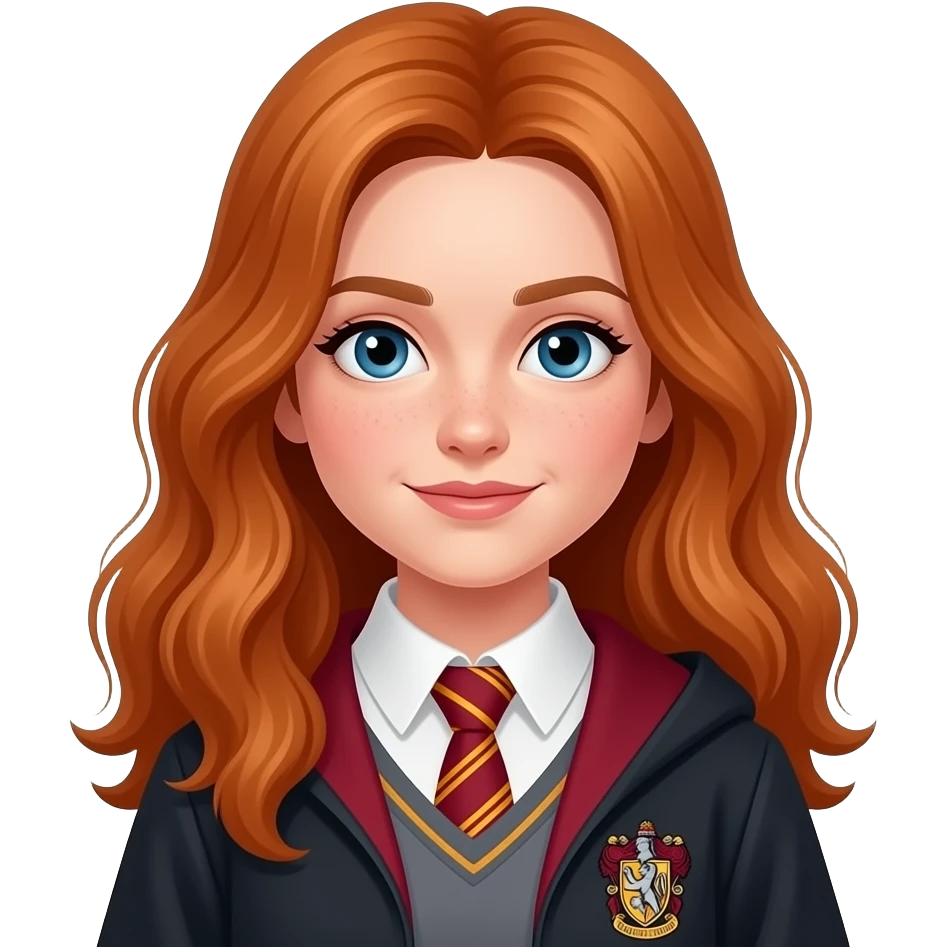 Ginny Weasley emoji, Apple style, clean 3D, soft gradients, teenage girl age 14–15, long red hair, confident expression, Gryffindor accents, minimal icon, centered, white background, high detail emoji
