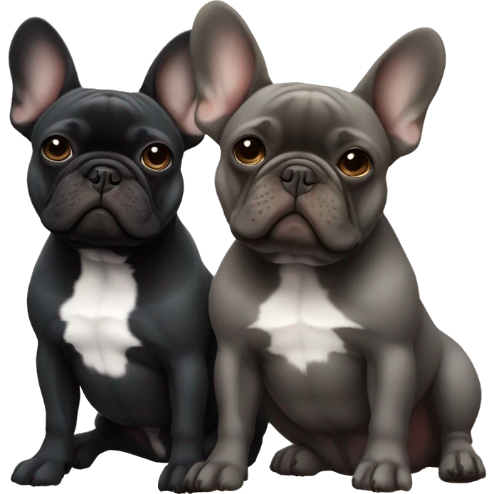 Dark grey french bulldog sits next to a dark brown French bulldog, best friends emoji
