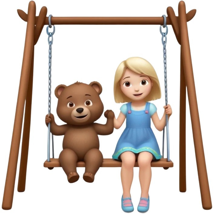 Create a 3D animated scene in the style of a children's cartoon. A small girl similar to Masha is sitting on a swing, smiling happily. A big friendly bear stands behind her gently pushing the swing. Bright colorful forest background, soft lighting, warm and playful mood." emoji