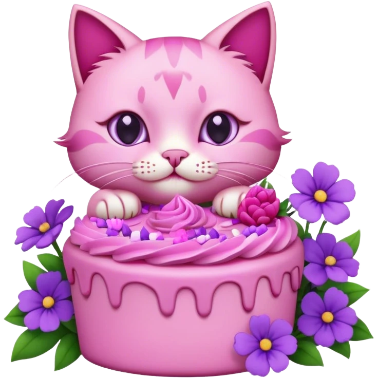 A pink cat eating a pink cake surrounded by purple flowers  emoji