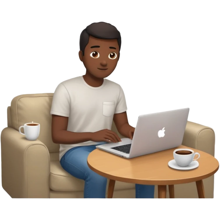 Père noël développeur de teint noir, assis dans un coin cosy de son salon un week-end, ordinateur portable ouvert affichant du code. Lumière naturelle douce, ambiance calme. Habillé simplement (t-shirt clair, jean ou short), tasse de café/thé à côté. emoji