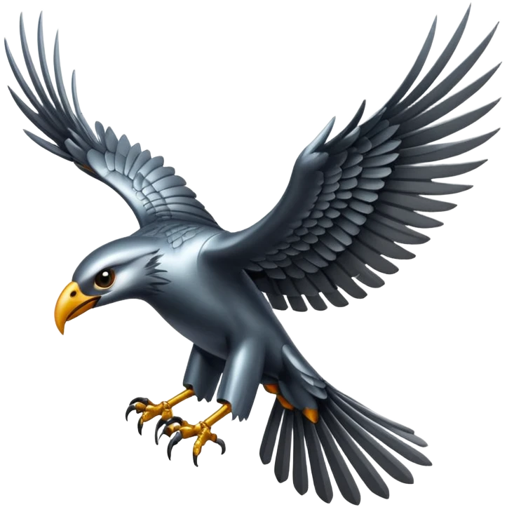 Emoji-style icon of a large metallic predatory bird flying, sharp wings, steel texture, dramatic pose, dark background emoji