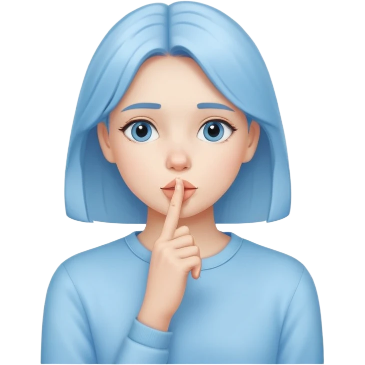 girl wearing pastel blue clothes with finger on lips making a quiet shh gesture emoji