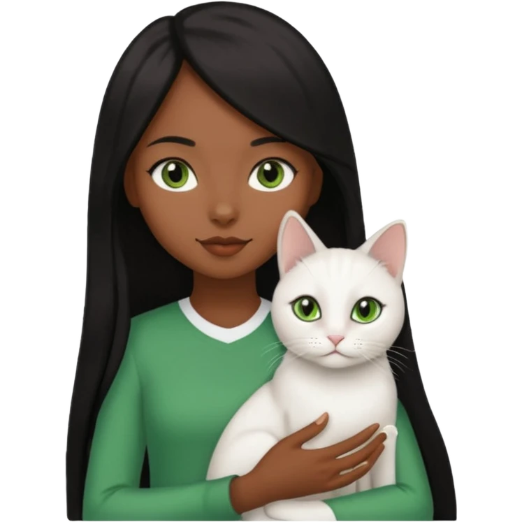 black girl with brown eyes with straight long black hair with a side part.  holding a female white cat. the cat has green eyes emoji