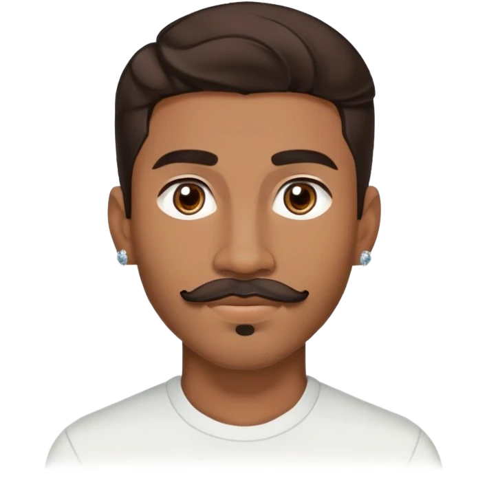 Young man with medium brown skin, mixed-race ethnicity, much longer wavy dark brown hair with a PERFECTLY CENTERED hair part that aligns EXACTLY with the middle of the face, mustache separated from goatee, medium brown eyes, very small diamond stud earrings in both ears, head only with absolutely no shoulders or torso emoji