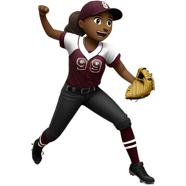 girl playing softball pitching with a maroon shirt on that says wolfpack has black pants on white cleats and maroon socks, her number is 99 emoji
