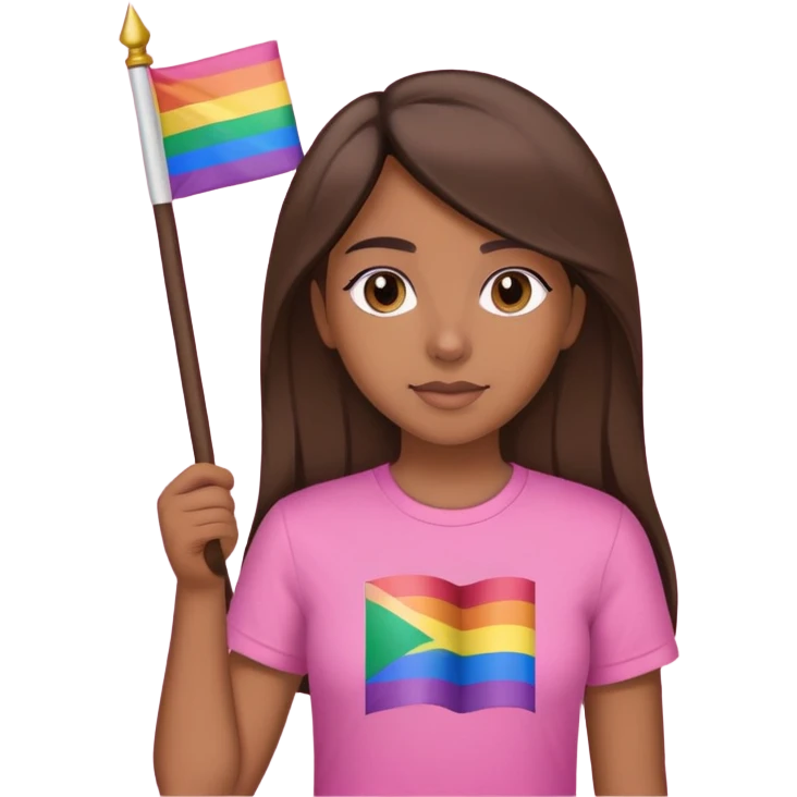 Niña morena con pelo liso con una camisa Rosa sosteniendo una bandera lesbiana  emoji