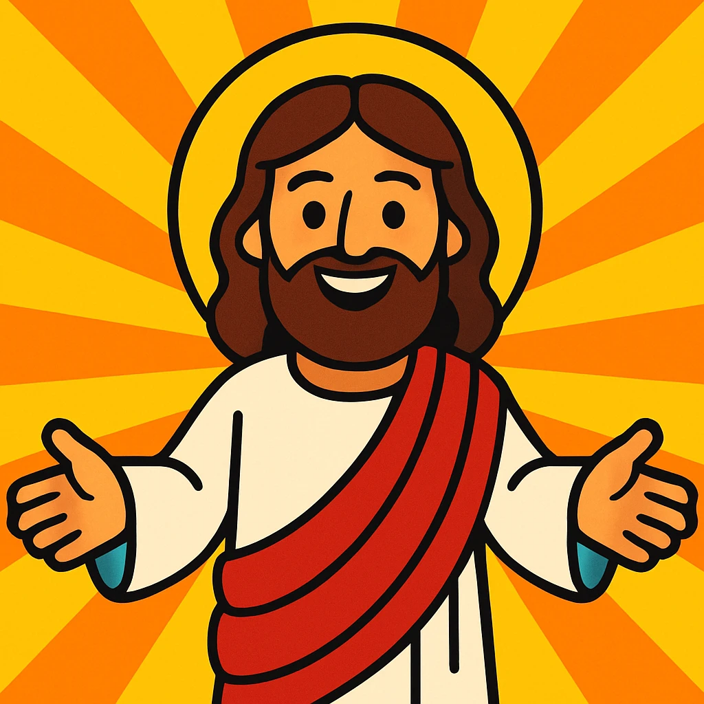 Jesus cartoon style, friendly smile, open arms, bright background emoji