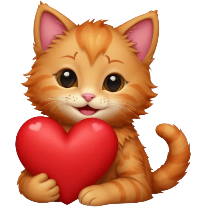 The ginger kitten is hugging a heart, very happy and smiling. emoji