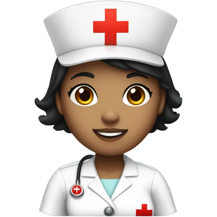 pixie cut black straight hair female nurse  hat with red cross sign in the middle wearing dress
pale skin color emoji