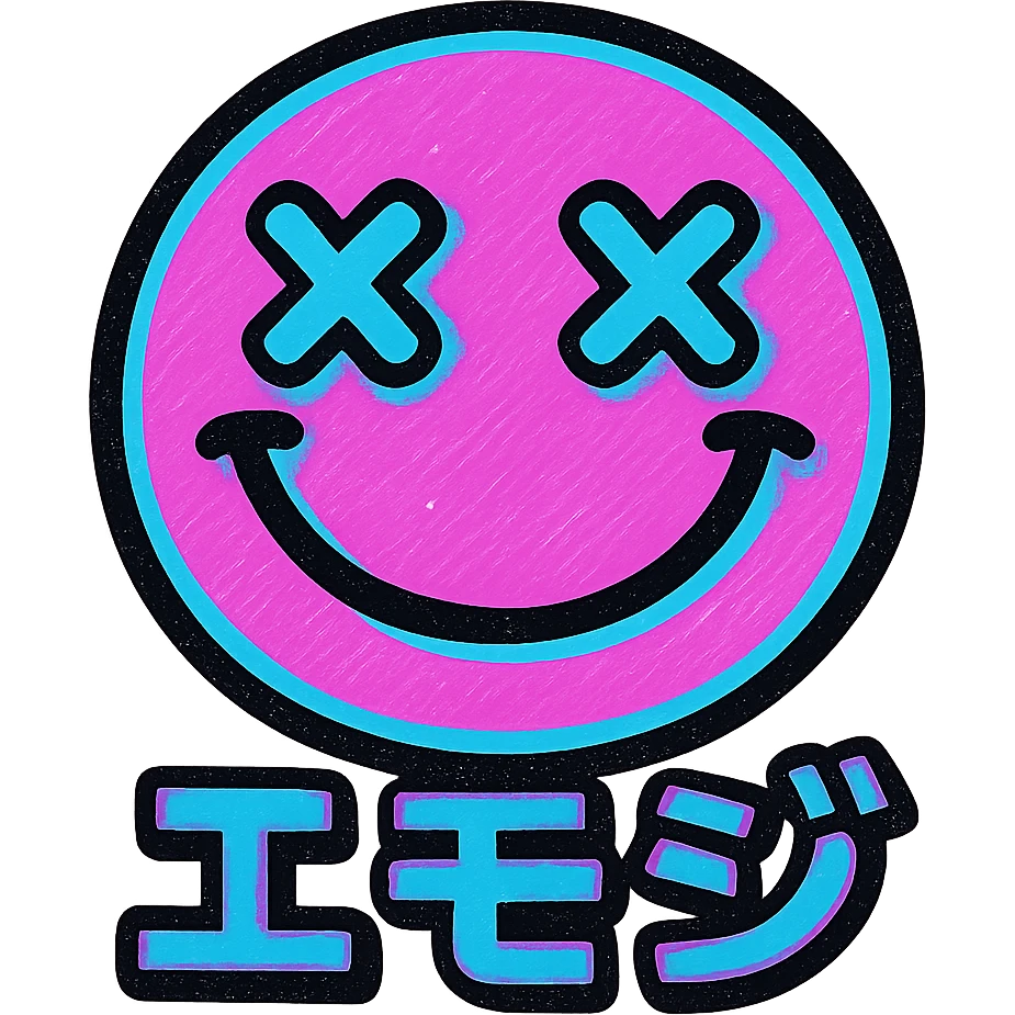 Vaporwave-style emoji with glitchy pink/blue gradients and Japanese text emoji