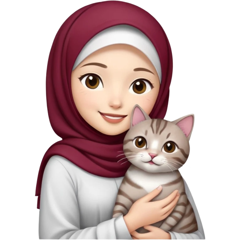 Asian white girl wearing  maroon hijab with white dress holding a black grey tabby cat while smiling emoji