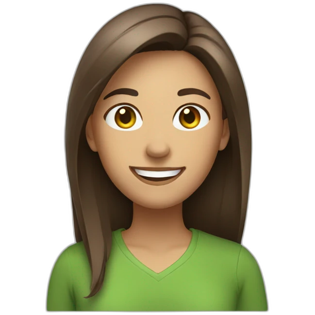 Woman with straight brown hair, big smile, green shirt emoji