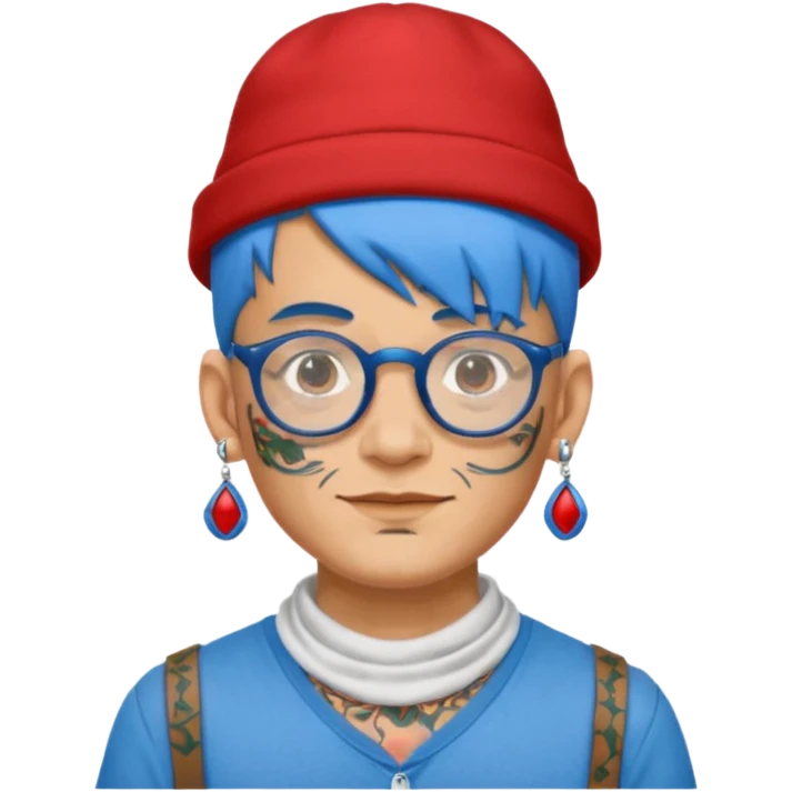 unique looking tourist with big unique red tourist hat and earrings, man with lots of tattoes and spectacles, blue hair showing emoji