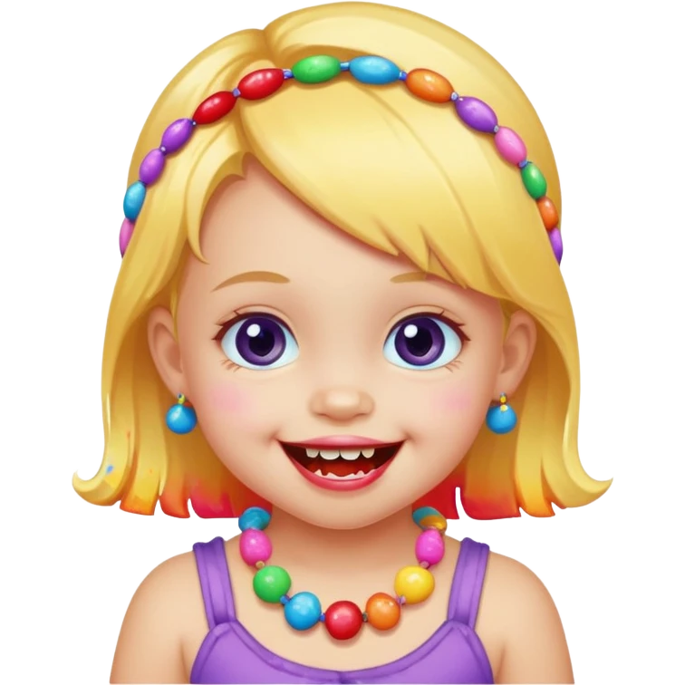 A toddler with candy necklace, grinning with colorful sugar stains on her mouth. emoji
