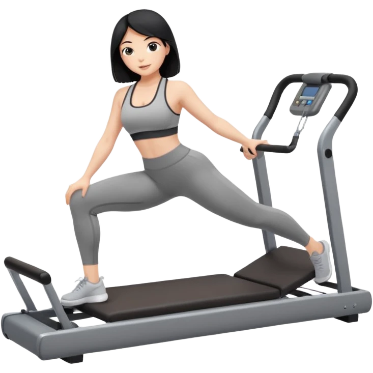 Fair-skinned black hair girl wearing grey workout set in leggings and bra doing pilates on a reformer emoji