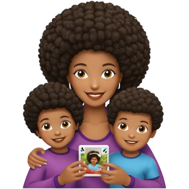 afro hair Dark Skin mom with two children, one young boy and a baby girl in polaroid picture  emoji