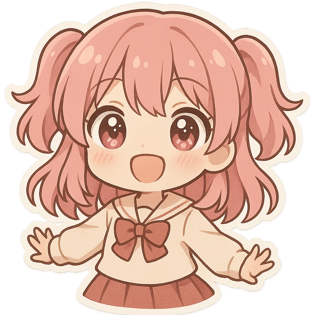 chibi anime girl with pink hair and big sparkling eyes, cheerful expression emoji