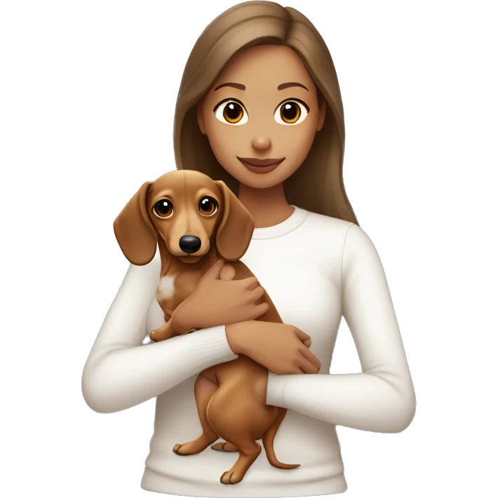 Brown haired girl with tan skin in white long sleeve holding a light blonde dachshund puppy  emoji