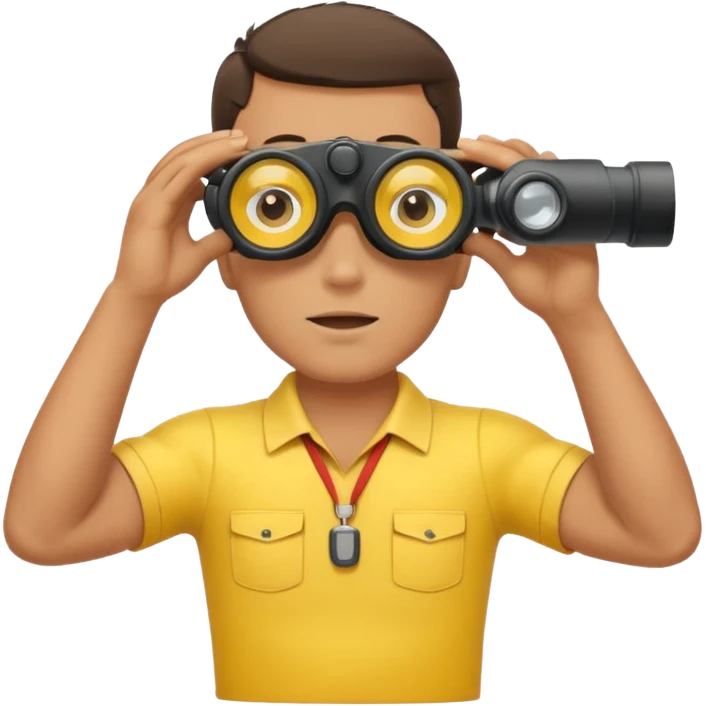 Male lifeguard – yellow shirt, binoculars in hand, scanning the sea, full body emoji