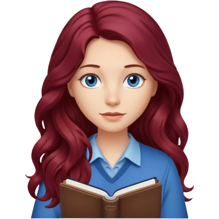 girl with long wavy burgundy hair, blue eyes and a notebook emoji