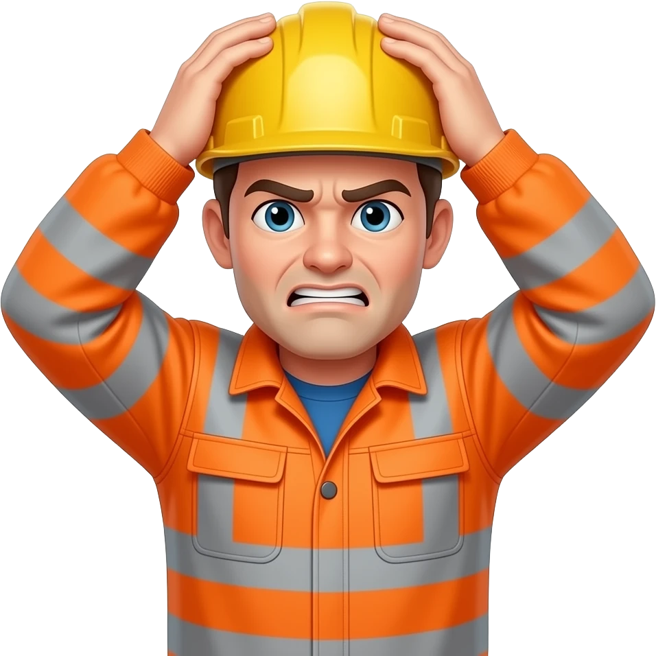 engineer in full hi vis orange overalls, with head in hands emoji