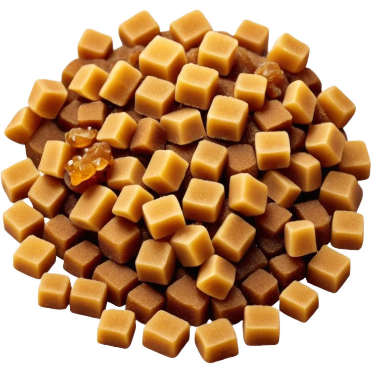 small pile or scatter of golden-brown sugar crystals, warm amber tone, slightly coarse texture, irregular matte grains, lightly clumped, natural molasses look, no spoon, bowl, or packaging, soft lighting, subtle shadows, transparent background, emoji scale emoji