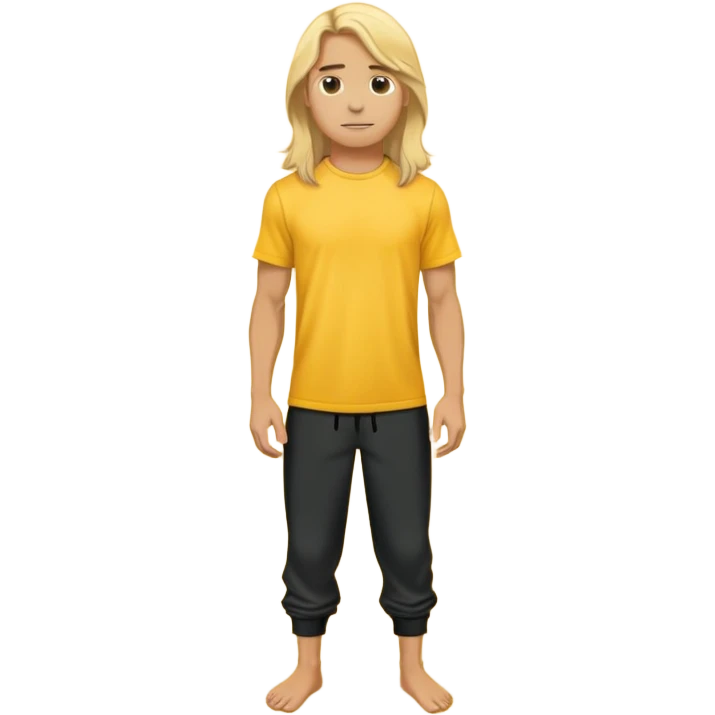 Surfer with long blond hair, yellow t-shirt, black baggy sweatpants. On a yellow and white board emoji