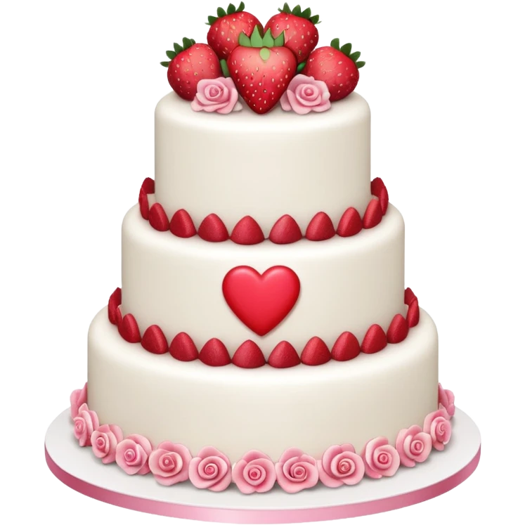white wedding cake with strawberries, pink roses, heart topper emoji