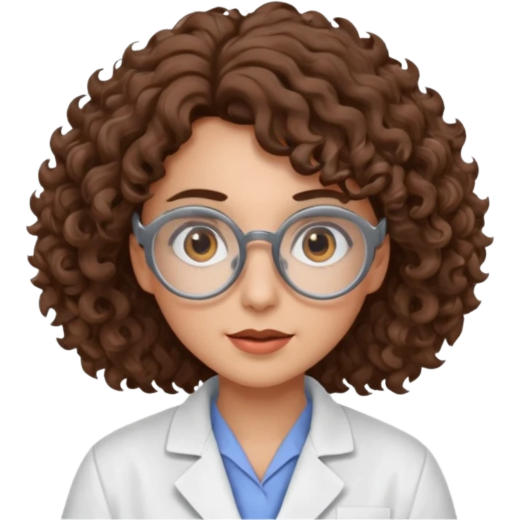A crazy female scientist, with curly brown hair, brown eyes and grey glasses emoji
