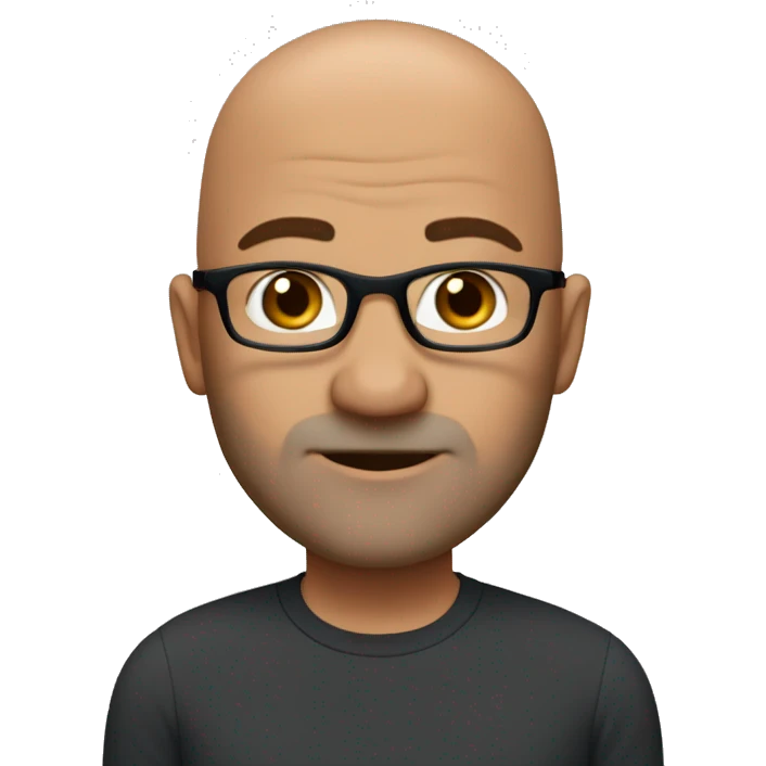 45 year old bald guy, blue eyes, black-framed eyeglasses, auburn whiskers emoji