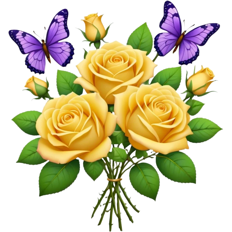 Bouquet of yellow roses. Purple butterflies are flying near it.  emoji