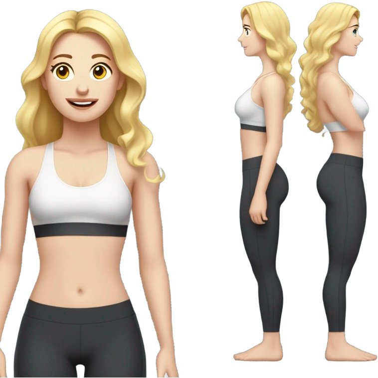 Woman, white skin, pale skin, long hair, blonde hair, wavy hair, standing, sports bra, leggings, measuring tape around waste emoji