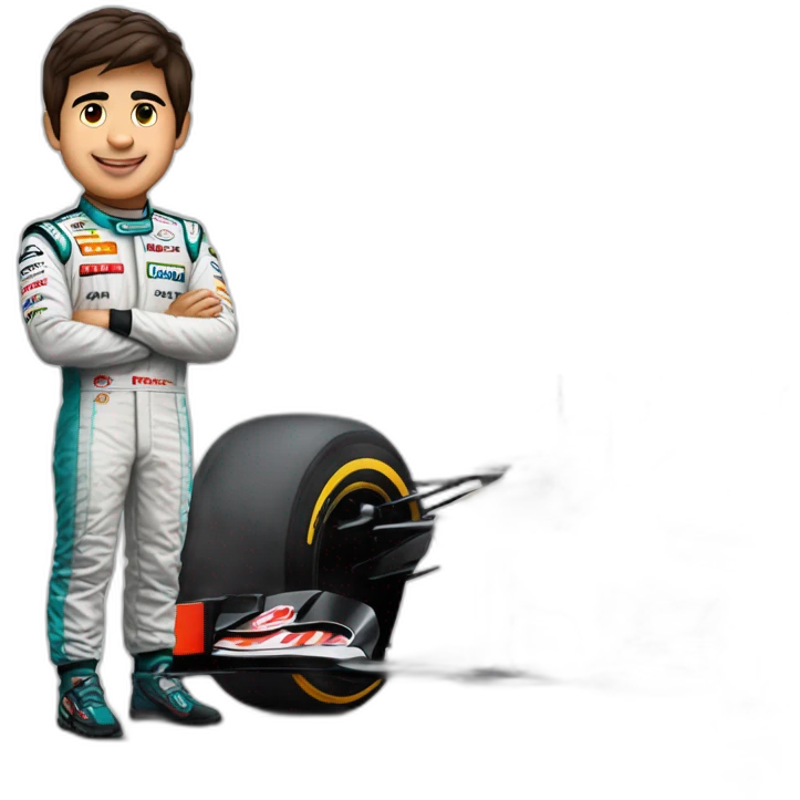 Checo Pérez junto a su carro de fórmula 1 emoji