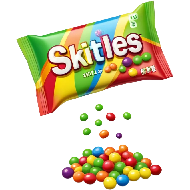 A Skittles candy package opened from the top with green candies spilling out. Minimalist design with rainbow packaging. emoji