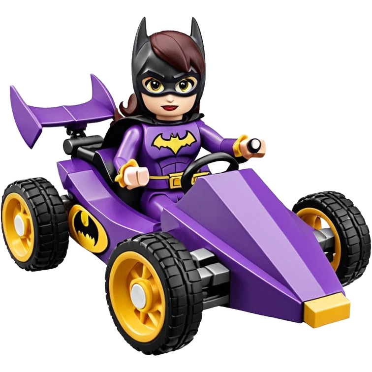 Hot full size real size-appearance electric road racing sexy BatGirl’s feminine midnight-colored tight outfit sixty’s tv show Lego dark stealthy sporty safe plush deluxe off-road pursuit cruiser car rose gold accents (black hair,reclined and relaxed torso and shoulders seating position) go kart  emoji