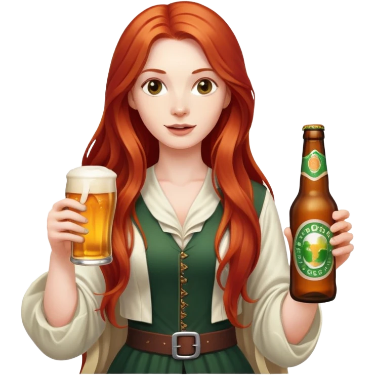 Character with flowing long red hair and a beer bottle emoji