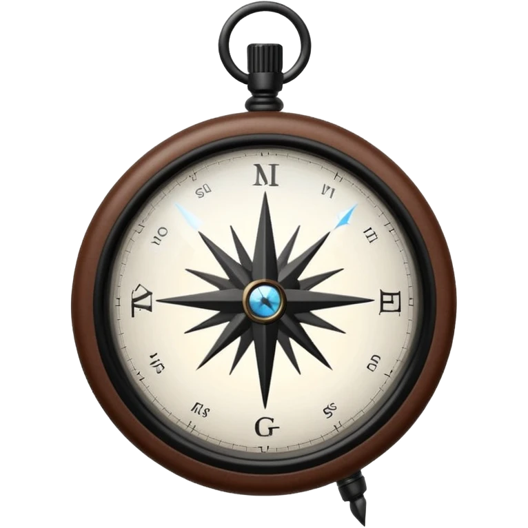 Clear glass orb with black compass needle pointing right, suspended by thin brown leather cord, bright white glowing dial face with dark rim emoji