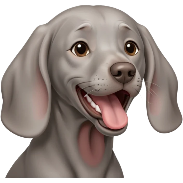 cinematic-cute-yawning-weimaraner-portrait-emoji,-head-tilted-slightly-with-a-dramatic,-wide-open-yawn,-revealing-a-sleek grey fur-with-a-subtle-shimmer,-floppy-ears-slightly-drooping,-round-brown-eyes-barely-open-in-drowsy emoji