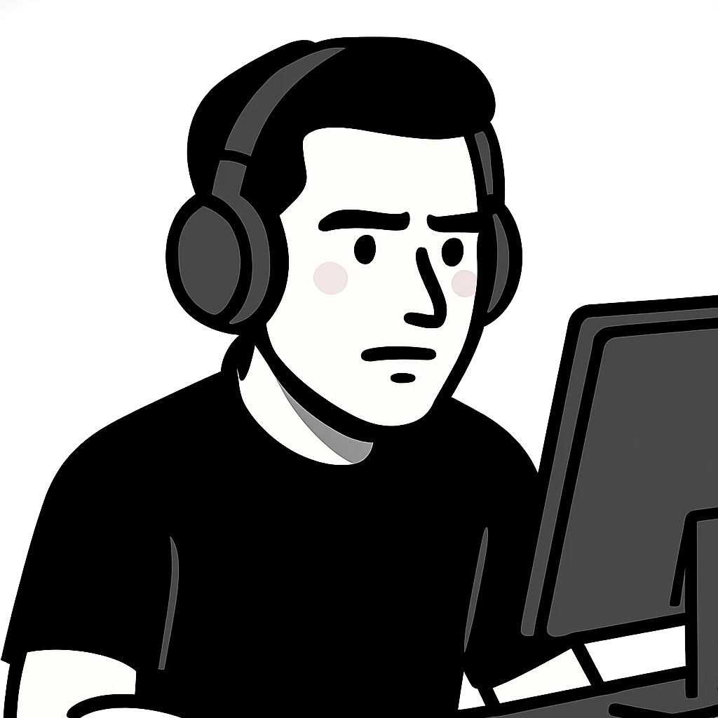 A tech enthusiast with headphones, a focused expression, and modern style, looking at a screen emoji