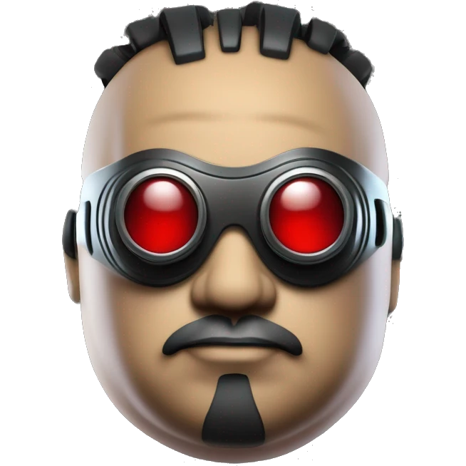 Fat cyborg head with red steampunk goggles, black goatee and circuits emoji