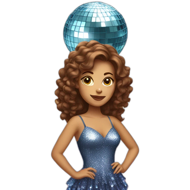 female with brown wavy hair dressed in a party dress and disco ball emoji