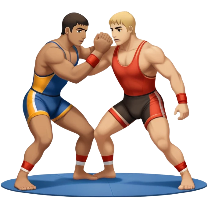 An icon symbolizing Greco-Roman wrestling, showing two wrestlers locked in a powerful grip, focusing on upper-body techniques. The background features a wrestling mat, with the athletes wearing traditional singlets. Transparent background highlights the strength and skill of the sport. emoji