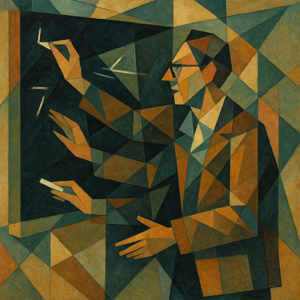 Teacher at a blackboard, arms and chalk repeating in echoed gesture angles. emoji