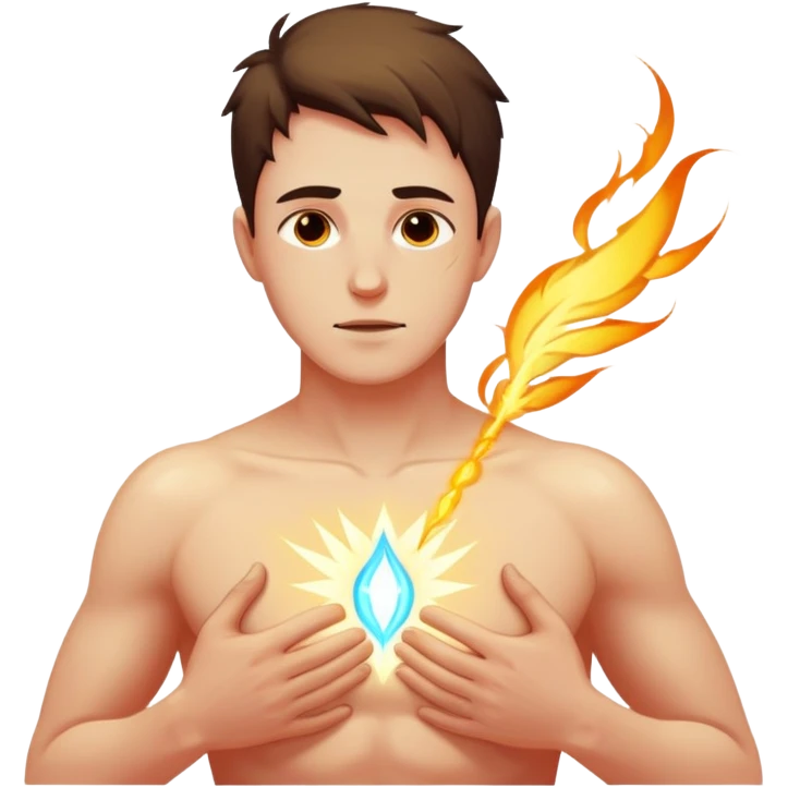 transition from a man with a spiritual pain on his chest growing up to a man with a soul glowing on his body representing his healed version karmically and using that energy to heal others emoji